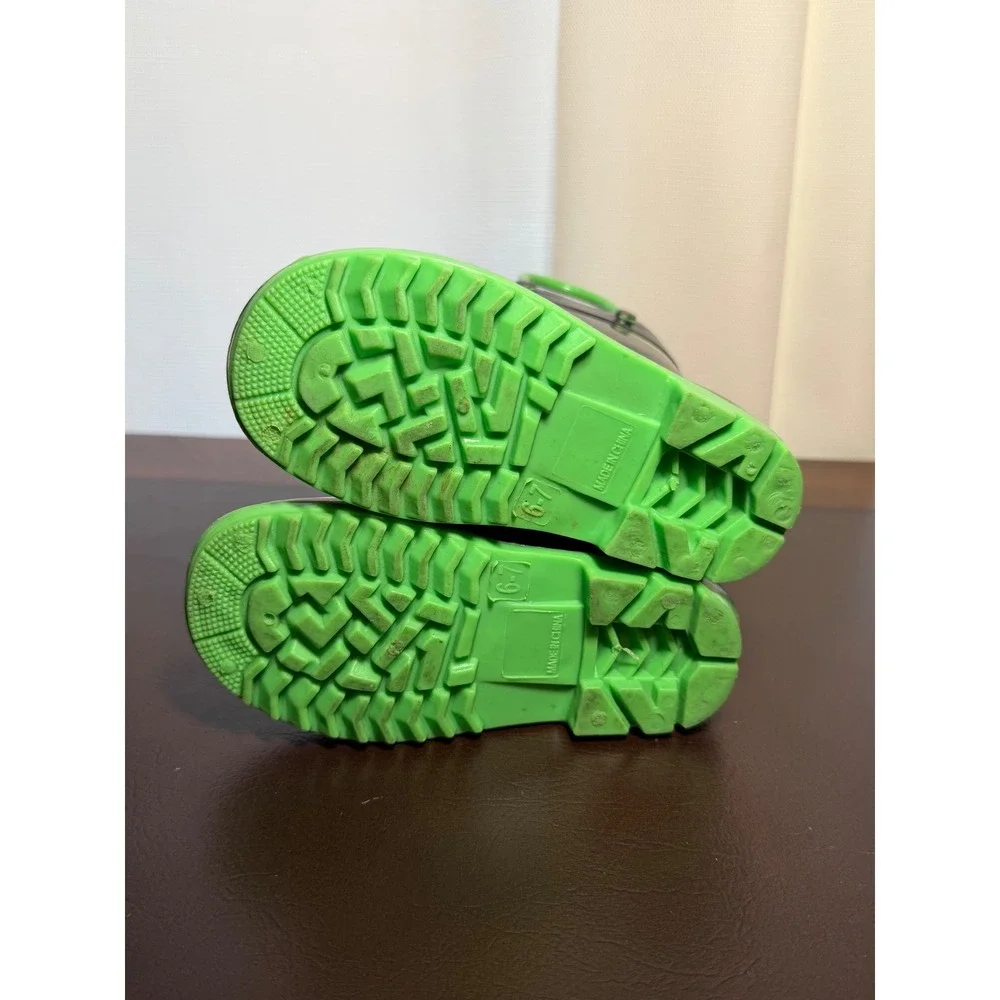 Kids Navy Blue Dinosaur Print Waterproof Rain Boots Pull On Green Handles 6-7